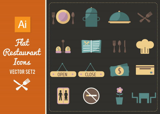 Flat Restaurant Icons Set 2
