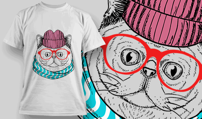 Exotic Shorthair With Teal Scarf, Pink Beanie And Red Glasses | T Shirt Design Template 3873